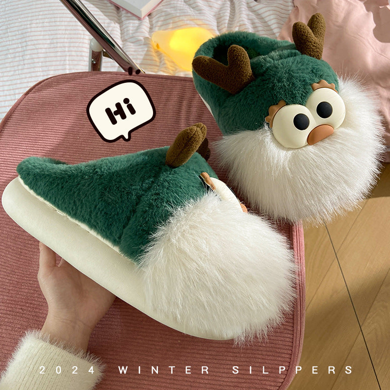 Cute Cartoon Christmas Deer Cotton Shoes Winter Indoor Floor Home Slippers Half-covered Heel Warm Plush Shoes