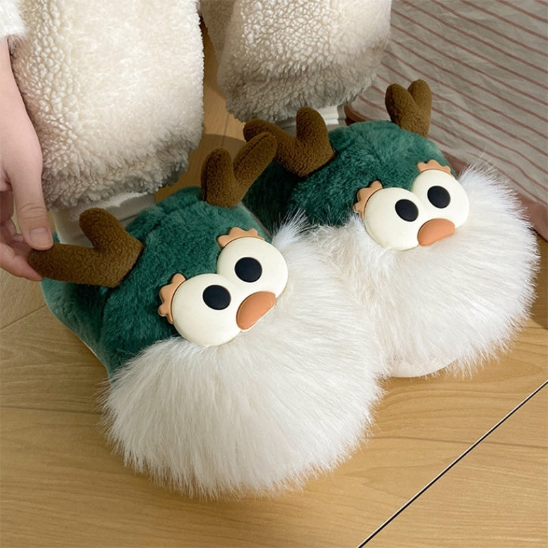 Cute Cartoon Christmas Deer Cotton Shoes Winter Indoor Floor Home Slippers Half-covered Heel Warm Plush Shoes