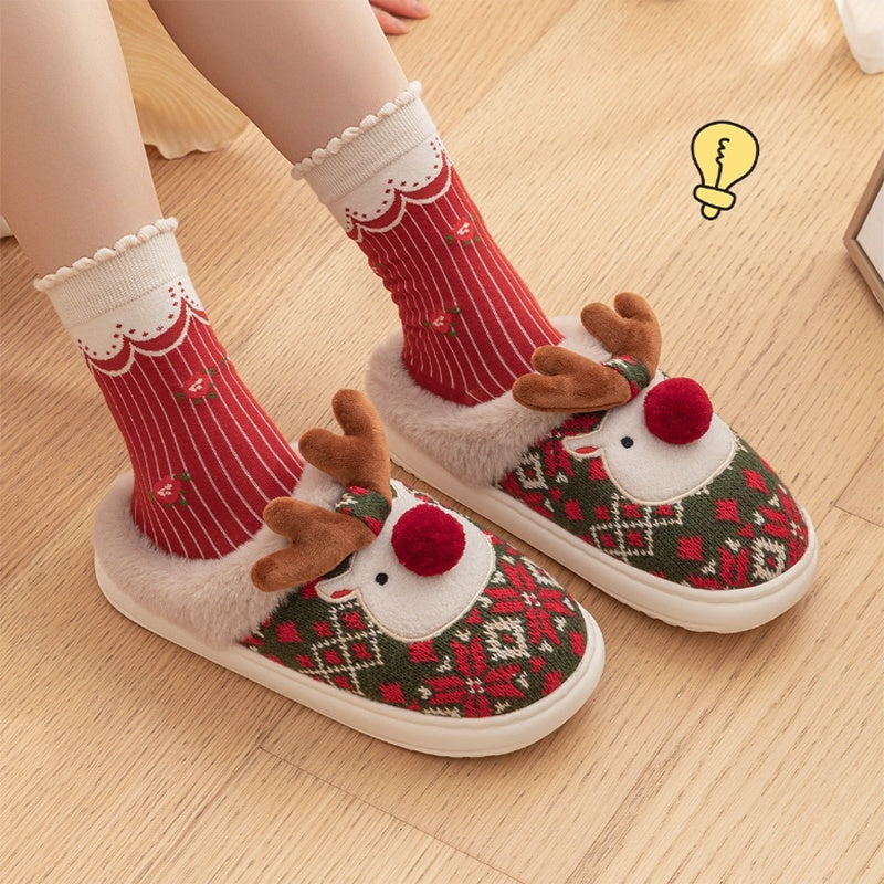 Cute Christmas Elk Plush Slippers Winter Ins Fashion Non-slip Floor Bedroom Home Slippers Fuzzy House Shoes