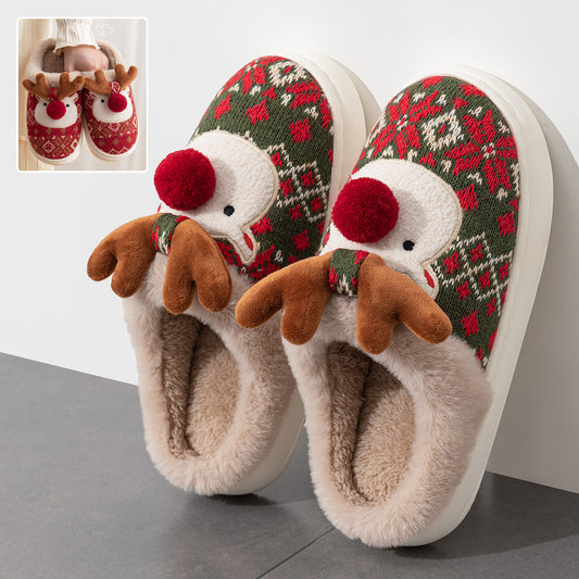 Cute Christmas Elk Plush Slippers Winter Ins Fashion Non-slip Floor Bedroom Home Slippers Fuzzy House Shoes