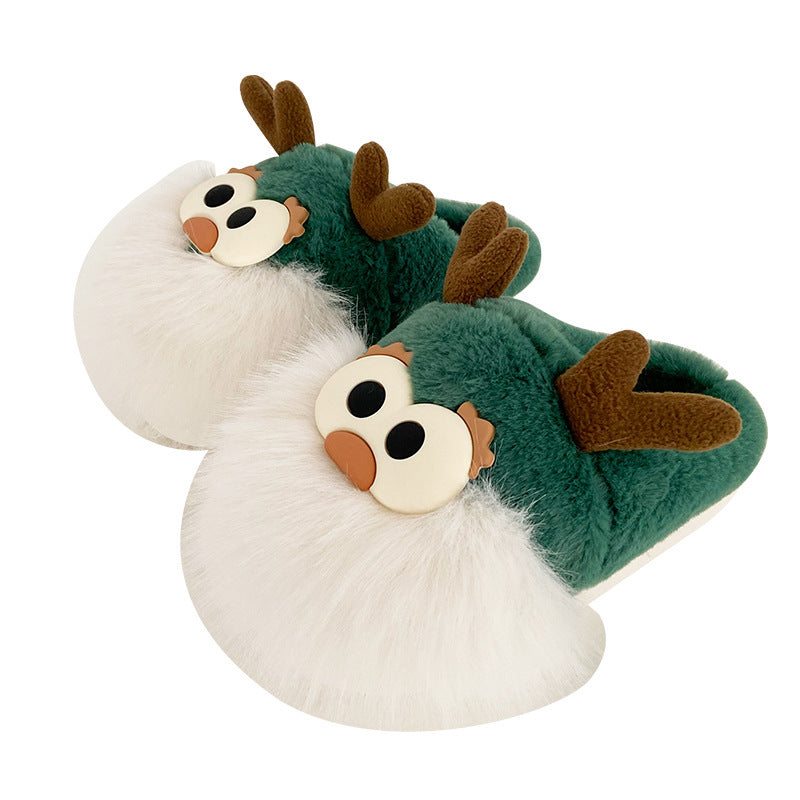 Cute Cartoon Christmas Deer Cotton Shoes Winter Indoor Floor Home Slippers Half-covered Heel Warm Plush Shoes