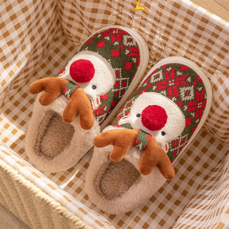 Cute Christmas Elk Plush Slippers Winter Ins Fashion Non-slip Floor Bedroom Home Slippers Fuzzy House Shoes