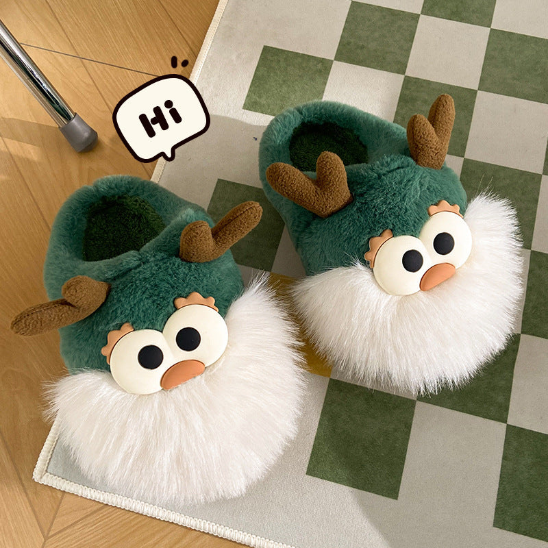 Cute Cartoon Christmas Deer Cotton Shoes Winter Indoor Floor Home Slippers Half-covered Heel Warm Plush Shoes