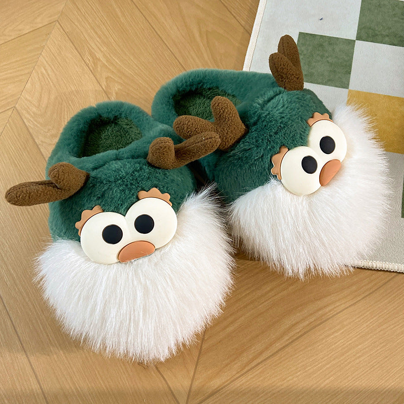 Cute Cartoon Christmas Deer Cotton Shoes Winter Indoor Floor Home Slippers Half-covered Heel Warm Plush Shoes