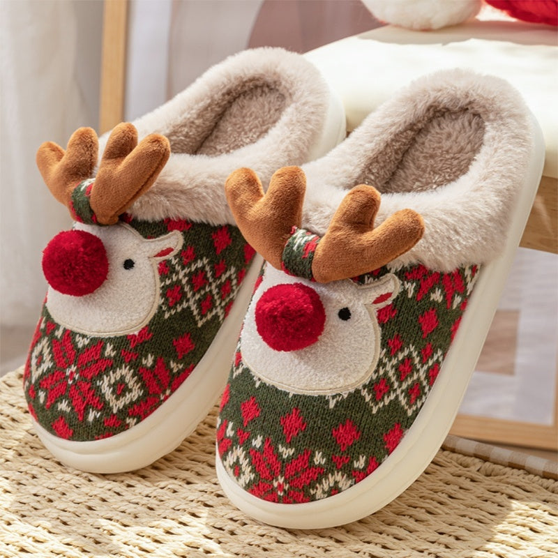 Cute Christmas Elk Plush Slippers Winter Ins Fashion Non-slip Floor Bedroom Home Slippers Fuzzy House Shoes