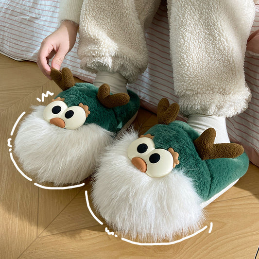 Cute Cartoon Christmas Deer Cotton Shoes Winter Indoor Floor Home Slippers Half-covered Heel Warm Plush Shoes